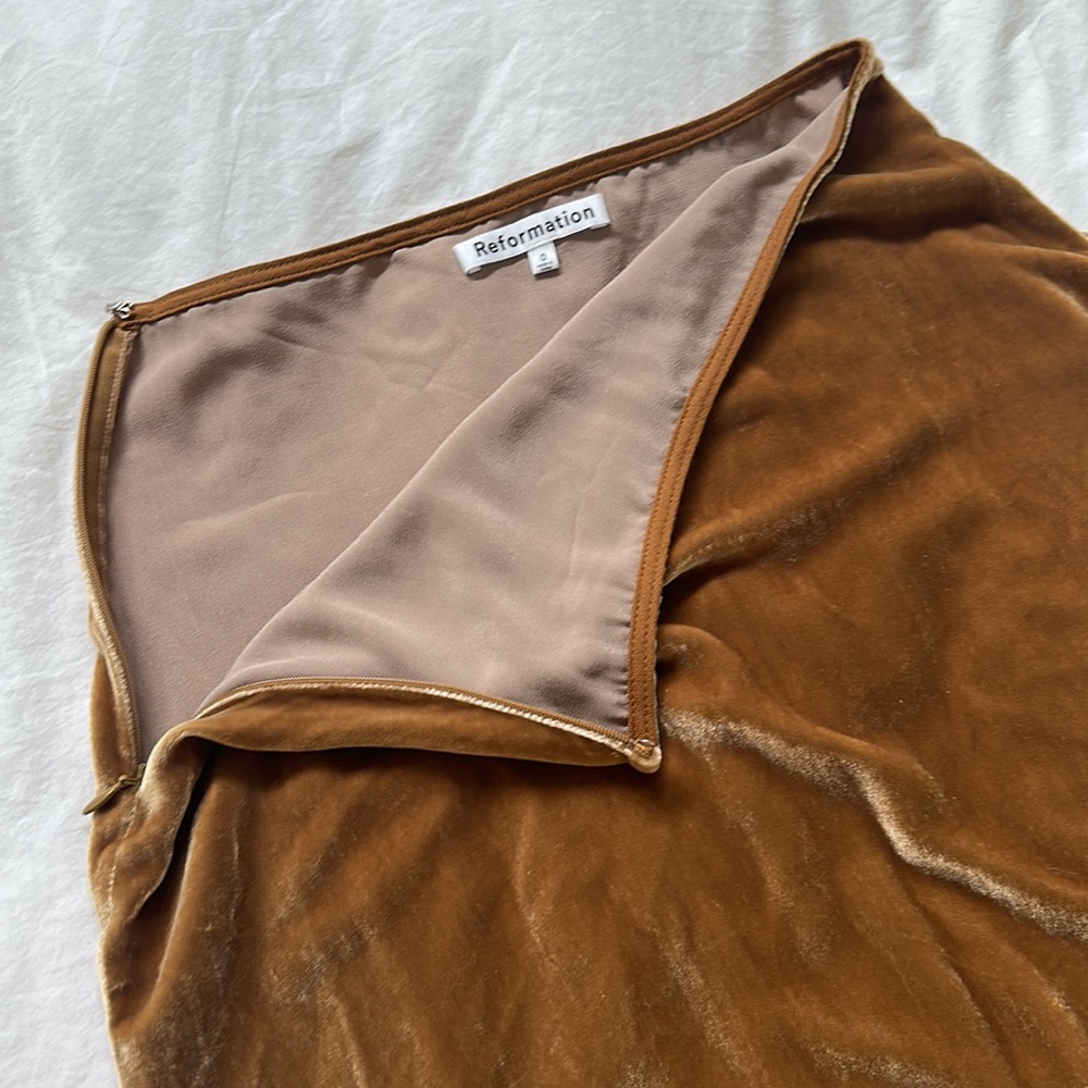 Reformation Gold Velvet Midi Skirt with Side Buttons - Picture 5 of 6
